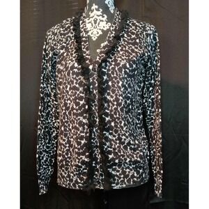 East 5th V-Neck Floral Print Long Sleeve Top Button Up Black White Size Medium